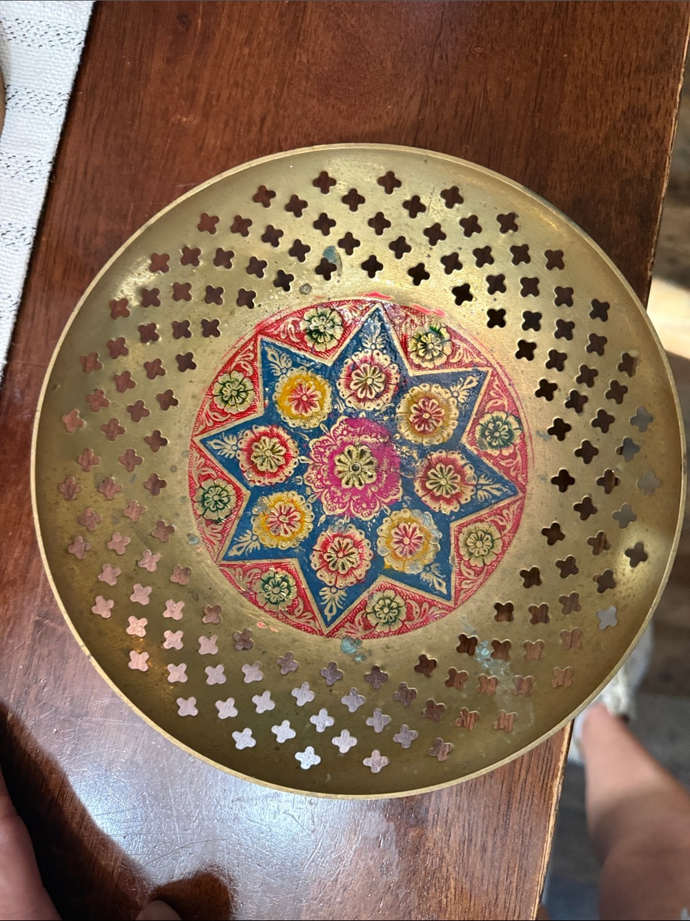 Vintage Brass Decorative Plate with Multicolor Floral Medallion